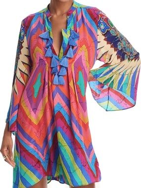 Moda Baronessa Sardinia 100% Silk Tunic Mini Dress Bell Sleeves Ibiza Print XL